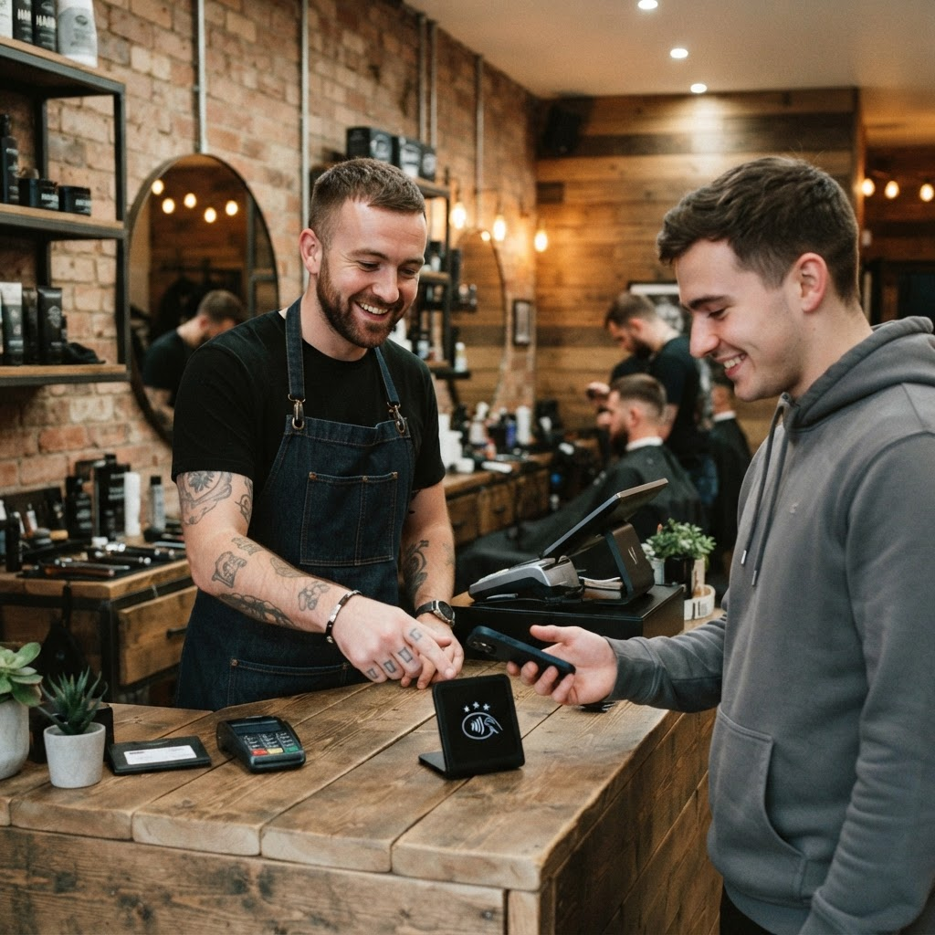 Barber showing a client the NFC review stand