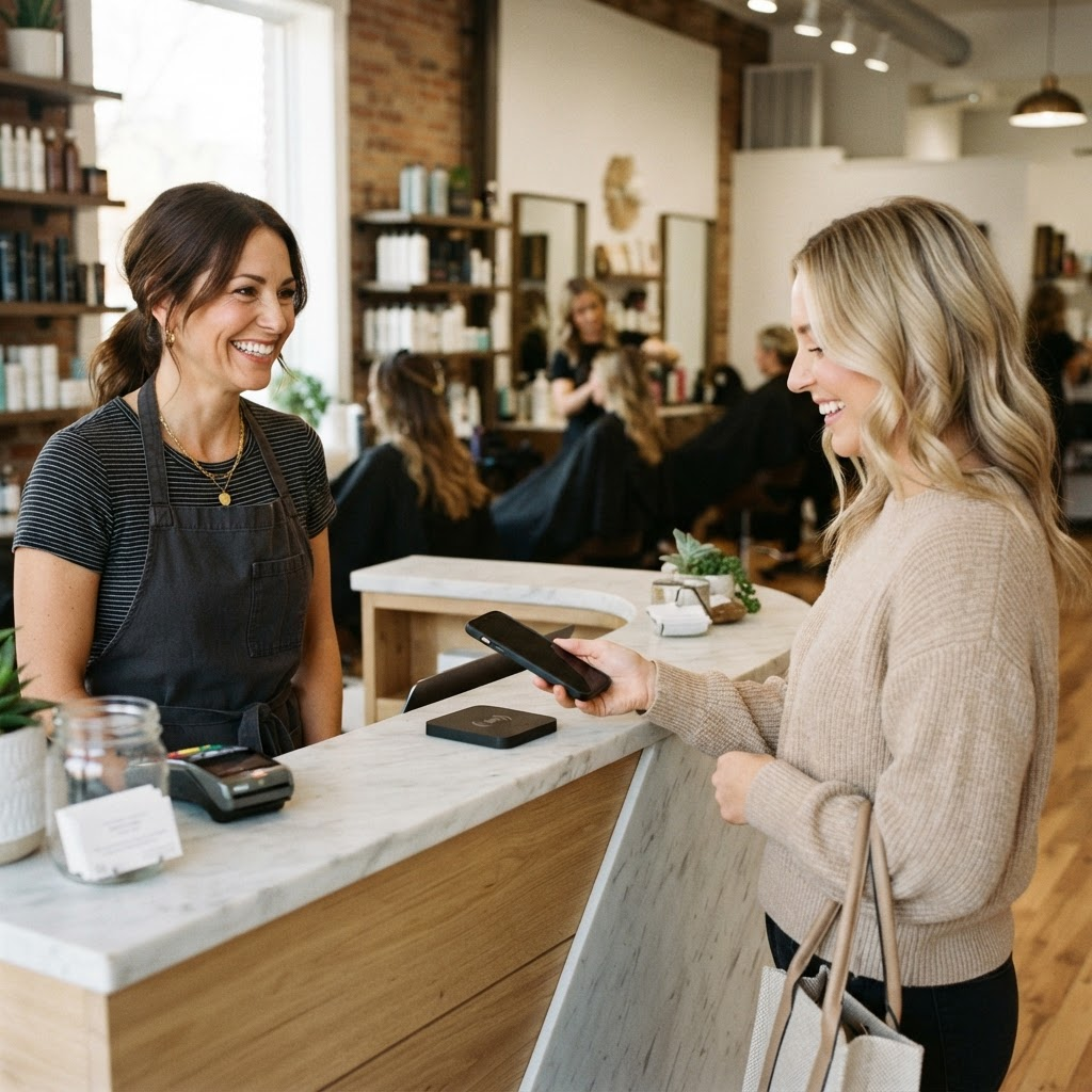 Salon client tapping her phone on an NFC review plate